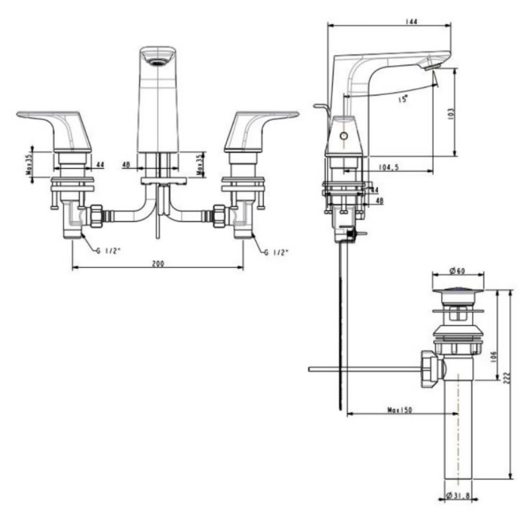 Vòi Lavabo Nóng Lạnh American Standard WF-1703HG Signature 3 Lỗ Màu Xám Đen