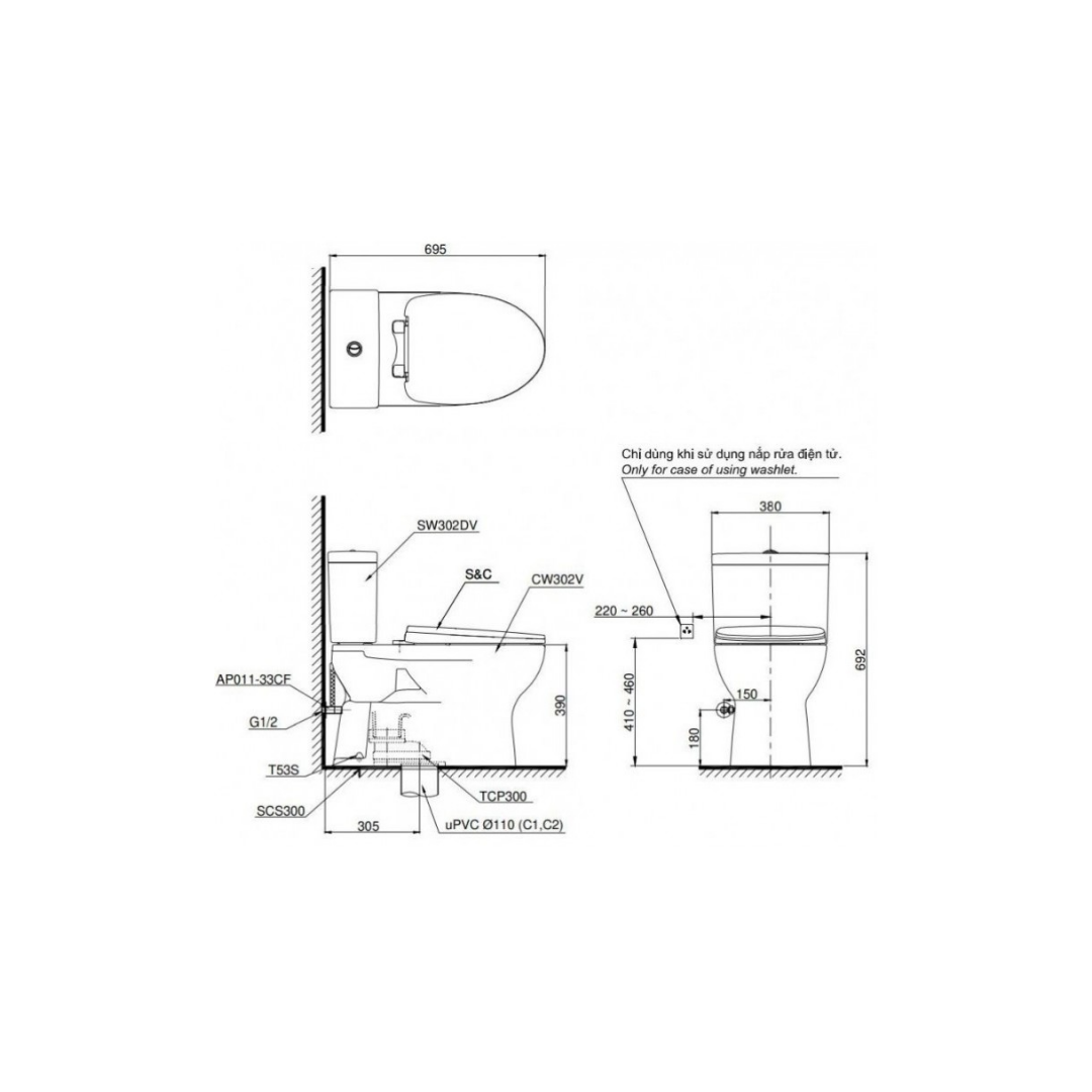 Bồn Cầu 2 Khối TOTO CS302DE2 Nắp Cơ TCW07S