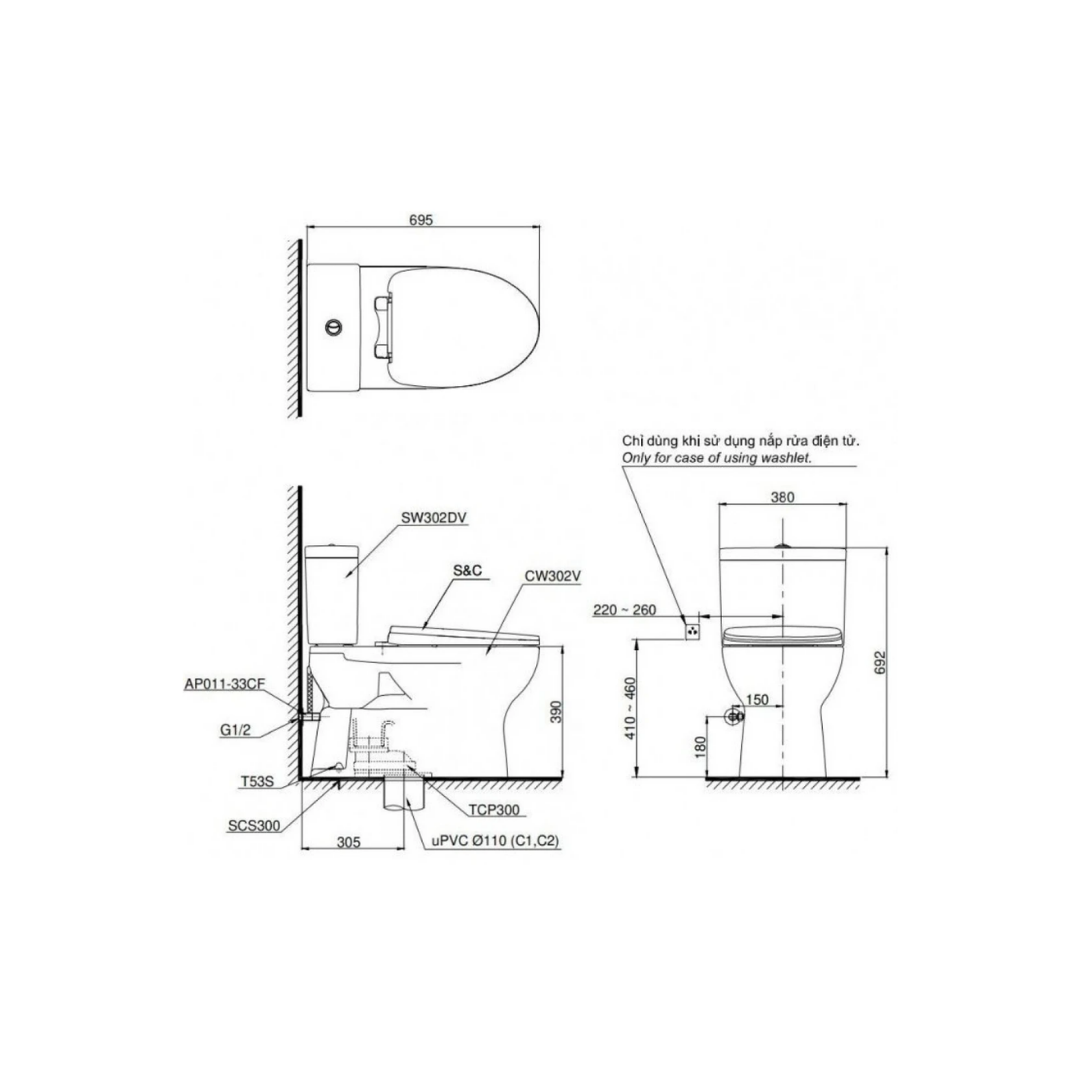 Bồn Cầu 2 Khối TOTO CS302DE4 Nắp Cơ TCW1211A