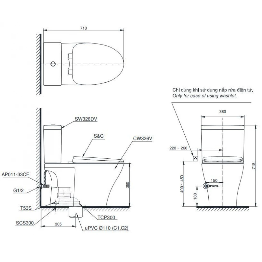 Bồn Cầu 2 Khối TOTO CS326DT3 Nắp Êm TC385VS