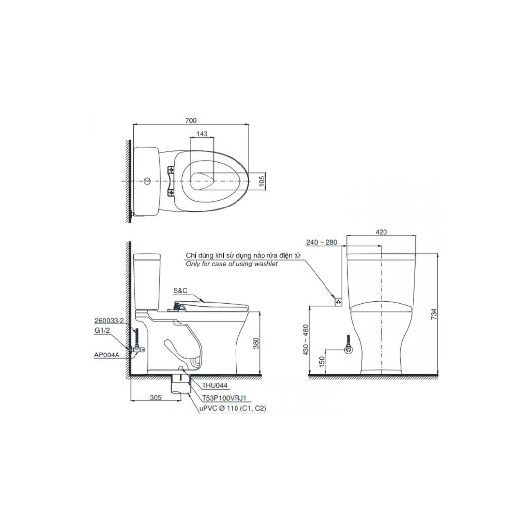 Bồn Cầu 2 Khối TOTO CS735DE2 Nắp Cơ