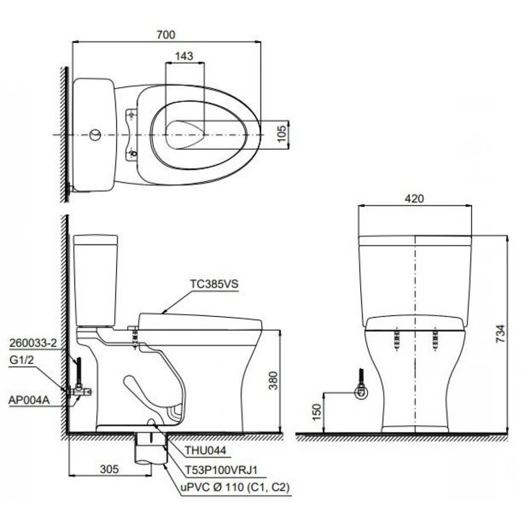 Bồn Cầu 2 Khối TOTO CS735DT3 Nắp TC385VS