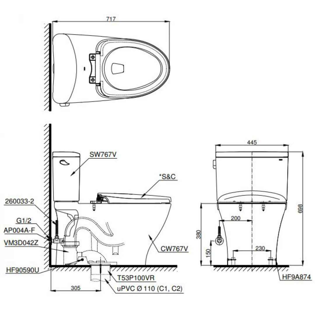 Bồn Cầu 2 Khối TOTO CS767RE2 Nắp Cơ