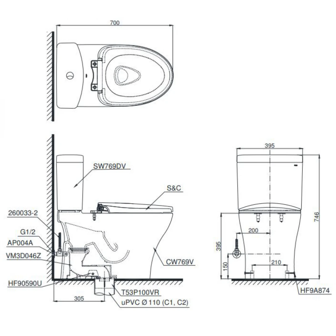 Bồn Cầu 2 Khối TOTO CS769DRE2 Nắp Cơ
