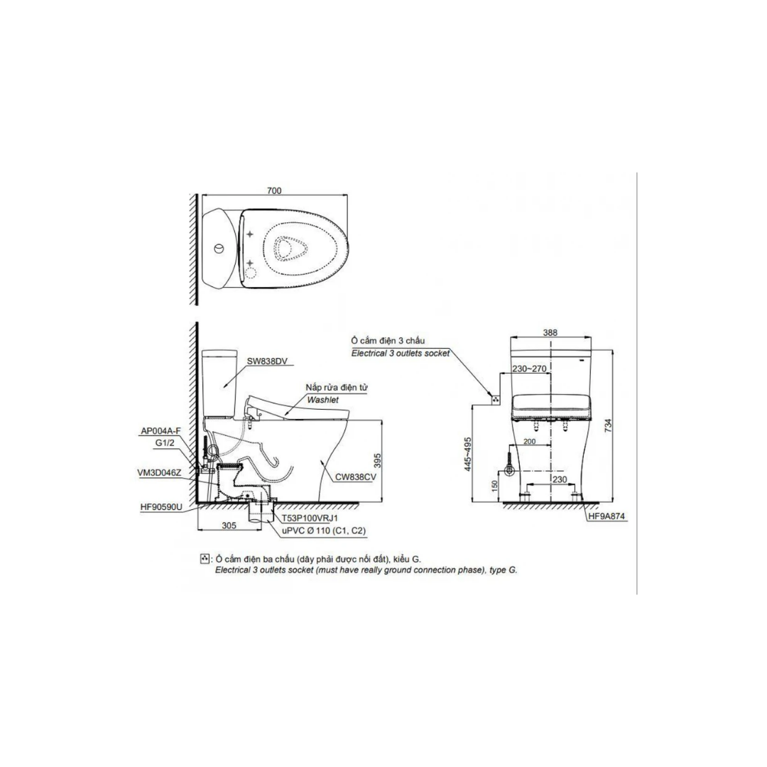 Bồn Cầu Điện Tử TOTO CS838CDW24 Washlet TCF33461GAA S2 Giấu Dây