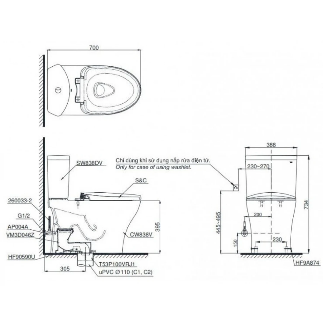 Bồn Cầu 2 Khối TOTO CS838DT10 Nắp Êm TC395VS
