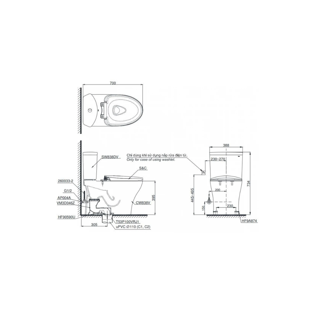 Bồn Cầu Điện Tử TOTO CS838DW14 Washlet