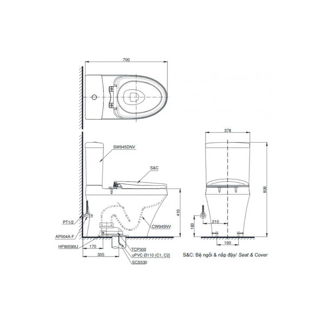 Bồn Cầu Hai Khối TOTO CS945DNT3 Nắp TC385VS