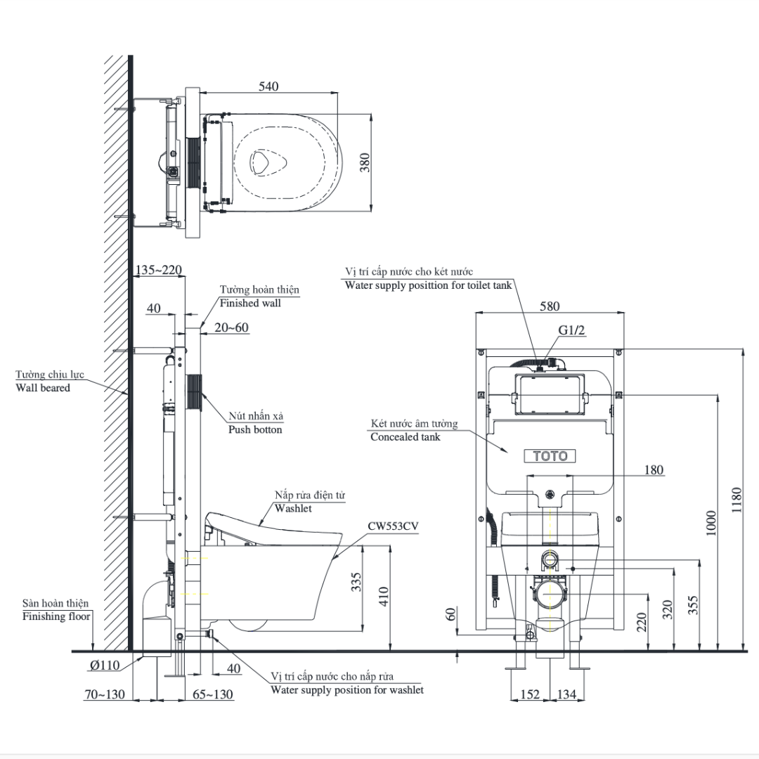 Bồn Cầu Treo Tường Điện Tử TOTO CW553C TCF33370GAA WH172AT TCA465 MB175M
