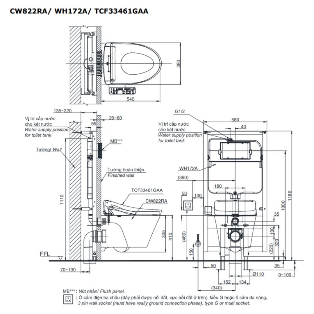 Bồn cầu treo tường nắp rửa điện tử S2 TOTO CW822RA TCF33461GAA WH172A MB174P