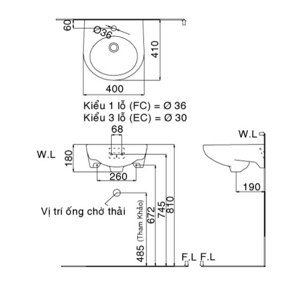 Chậu Lavabo Treo Tường 3 Lỗ Inax L-283VEC