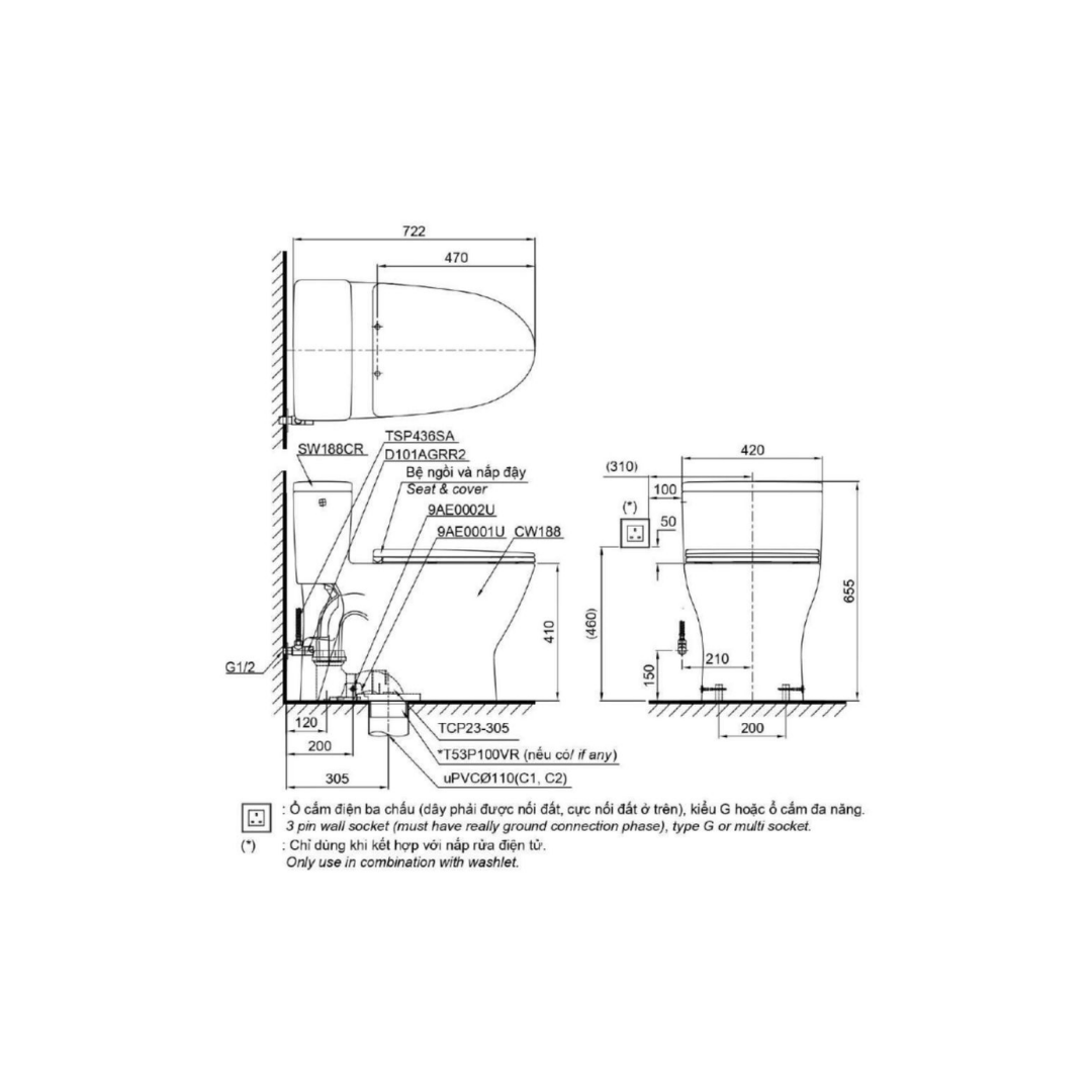 Bồn Cầu Điện Tử TOTO MS188VKW24/T53P100VR Washlet S2