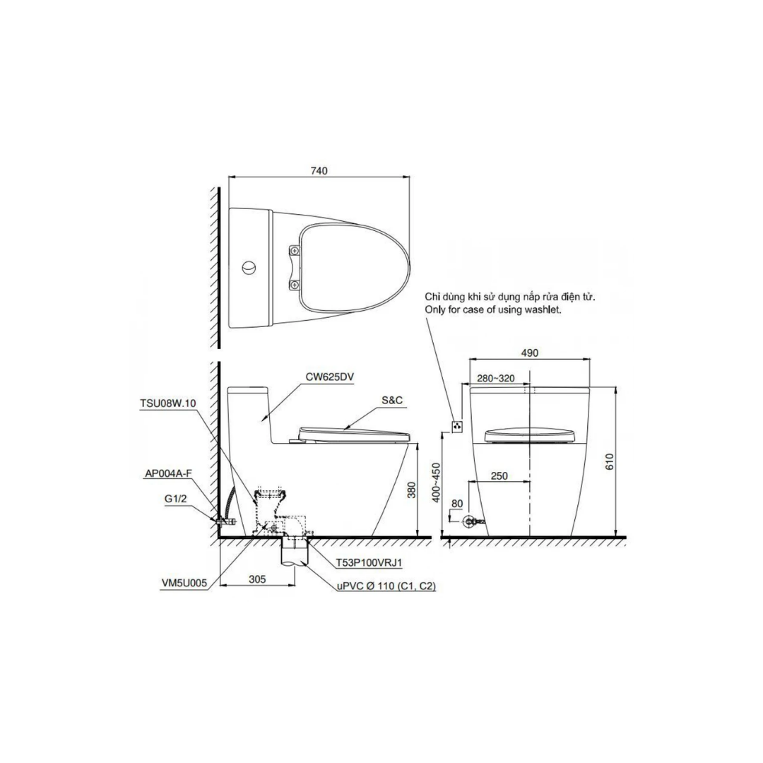 Bồn Cầu Điện Tử TOTO MS625DW14 Washlet TCF24410AAA C5
