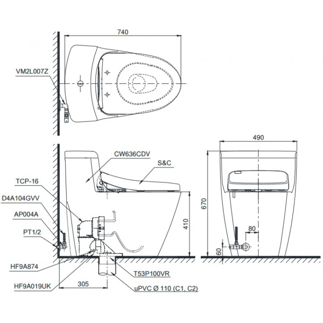 Bồn Cầu 1 Khối TOTO MS636DT2 Nắp Êm TC393VS