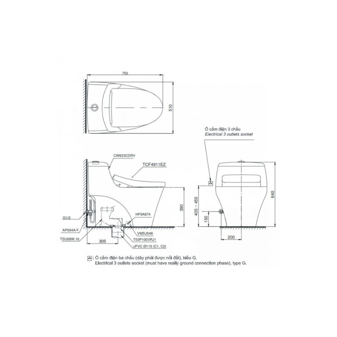 Bồn Cầu Điện Tử TOTO MS823CDRW23 Nắp Washlet TCF47360GAA S7 Giấu Dây