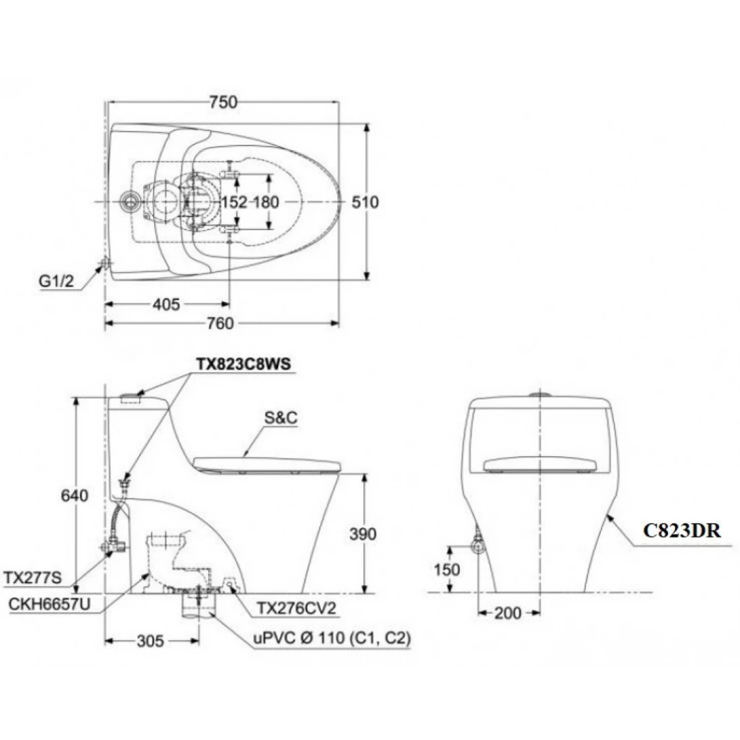 Bồn Cầu 1 Khối TOTO MS823DRT2 Nắp Êm TC393VS