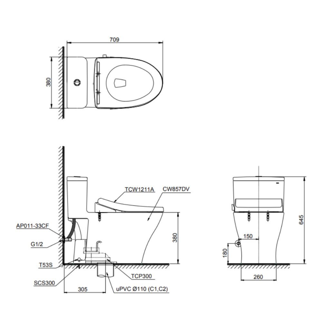 Bồn Cầu 1 Khối TOTO MS857DE4 Nắp Cơ Ecowasher TCW1211A