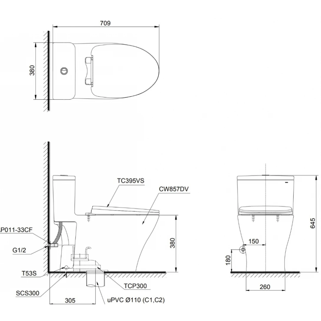 Bồn Cầu 1 Khối TOTO MS857DT10 Nắp TC395VS