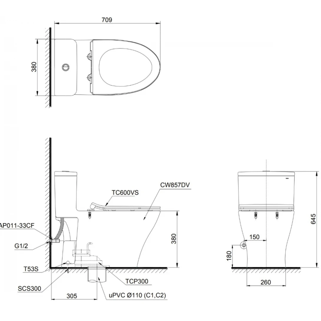 Bồn Cầu 1 Khối TOTO MS857DT2 Nắp TC393VS