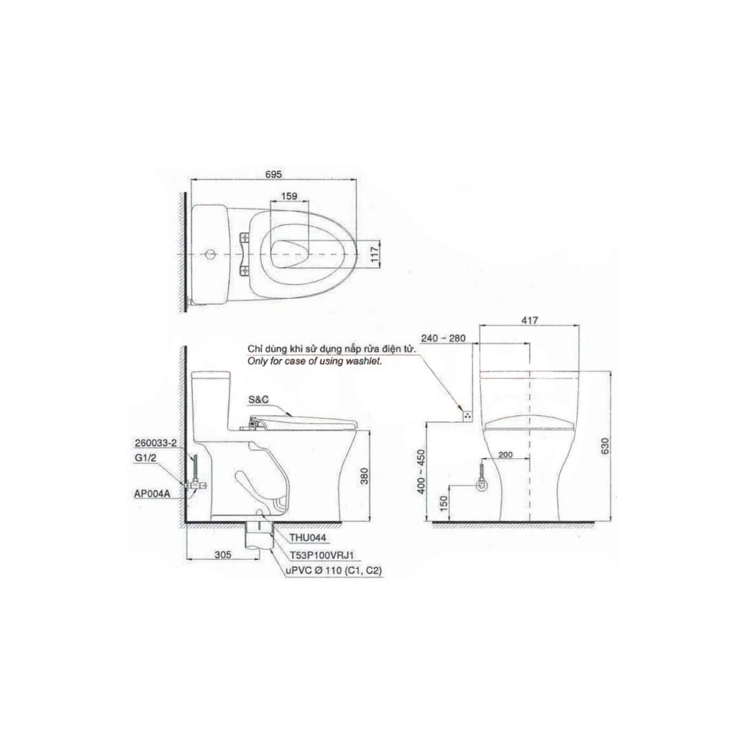 Bồn Cầu Điện Tử TOTO MS885CDW23 Nắp Rửa Washlet TCF47360GAA S7 Giấu Dây