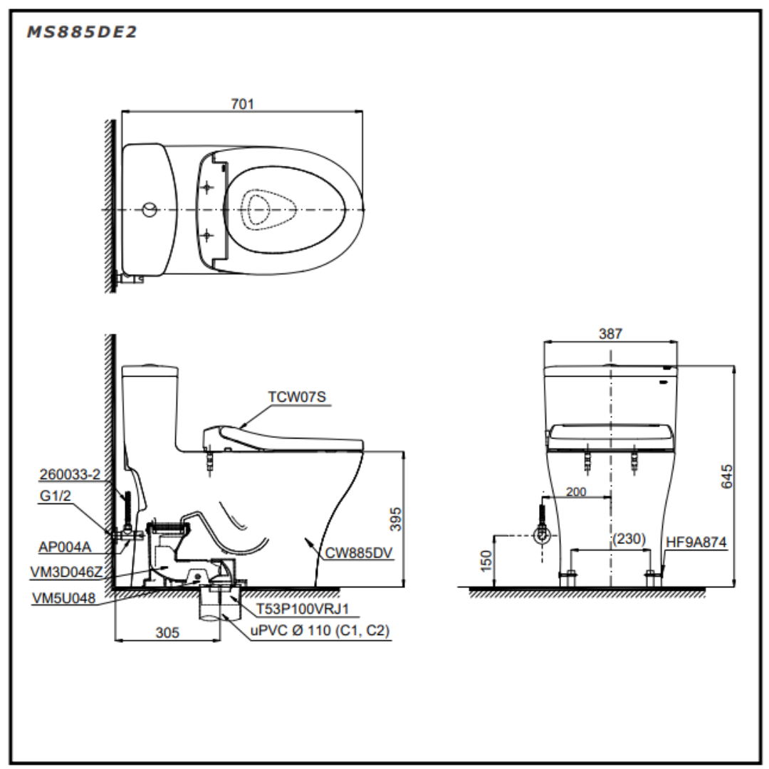 Bồn Cầu 1 Khối TOTO MS885DE2 Nắp Cơ Ecowasher