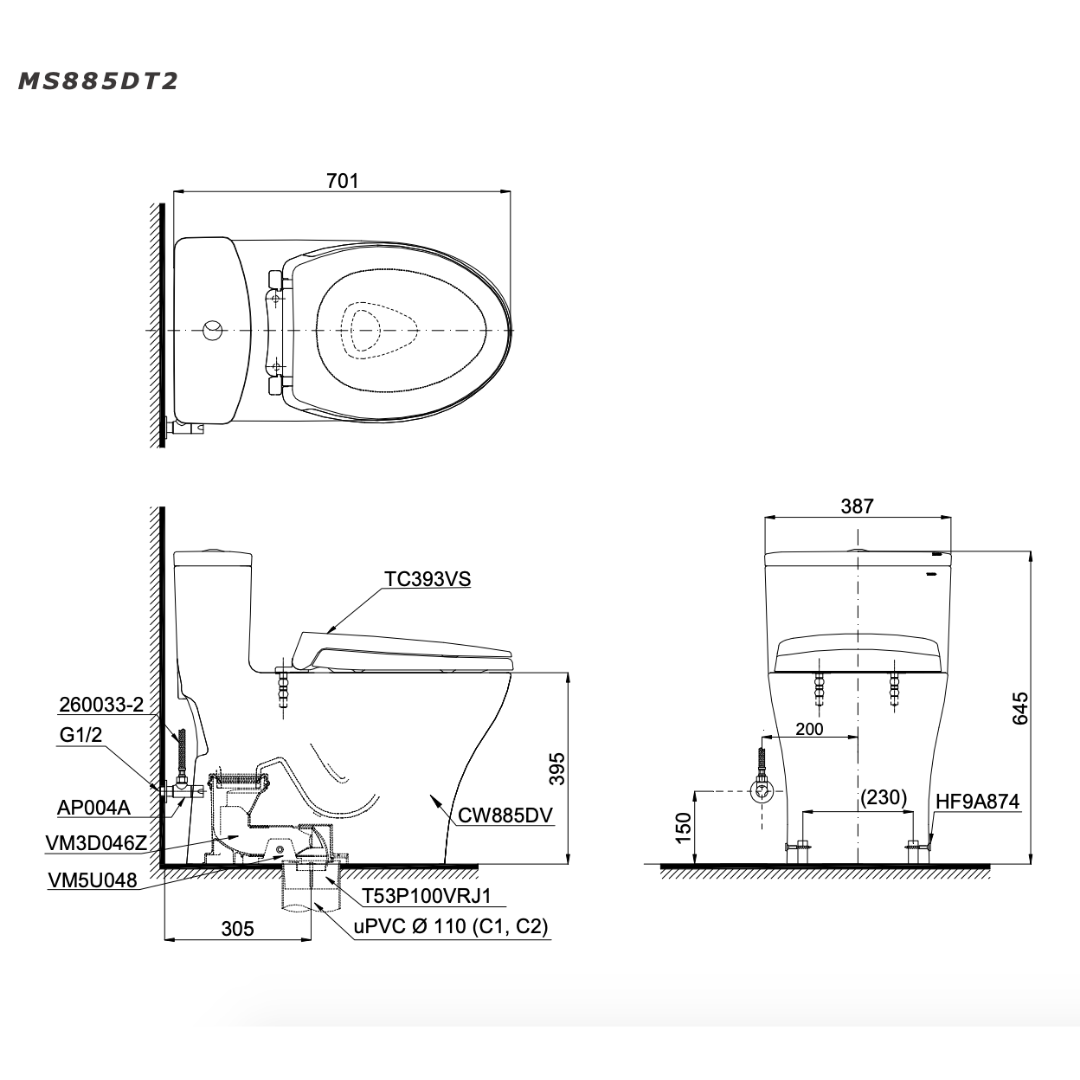 Bồn Cầu 1 Khối TOTO MS885DT2 Nắp TC393VS