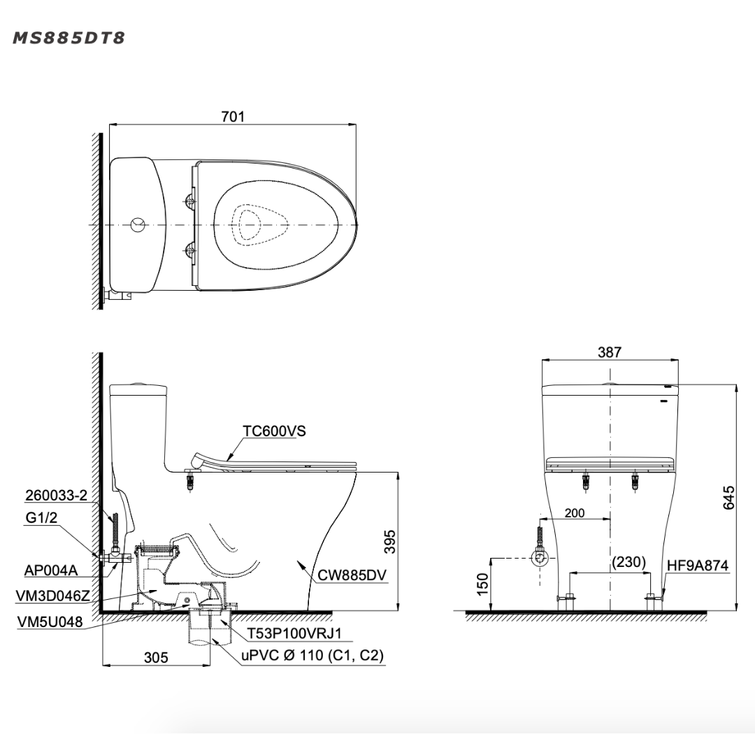 Bồn Cầu 1 Khối TOTO MS885DT8 Nắp TC600VS