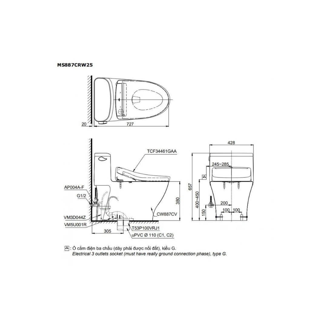 Bồn Cầu Điện Tử TOTO MS887CRW25 Nắp Rửa Washlet TCF34461GAA S5 Giấu Dây