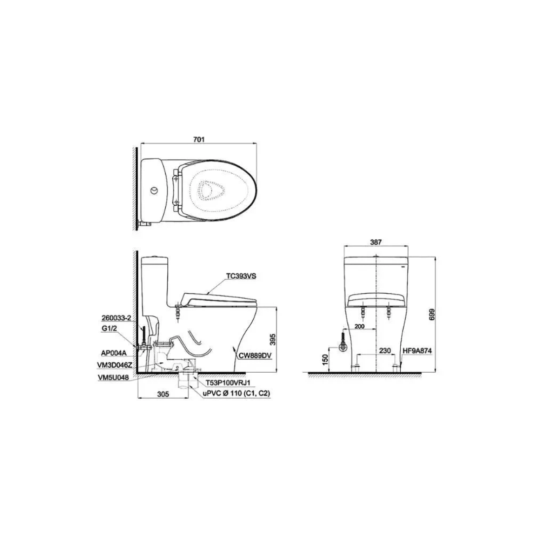 Bồn Cầu 1 Khối TOTO MS887RT8 Nắp TC600VS