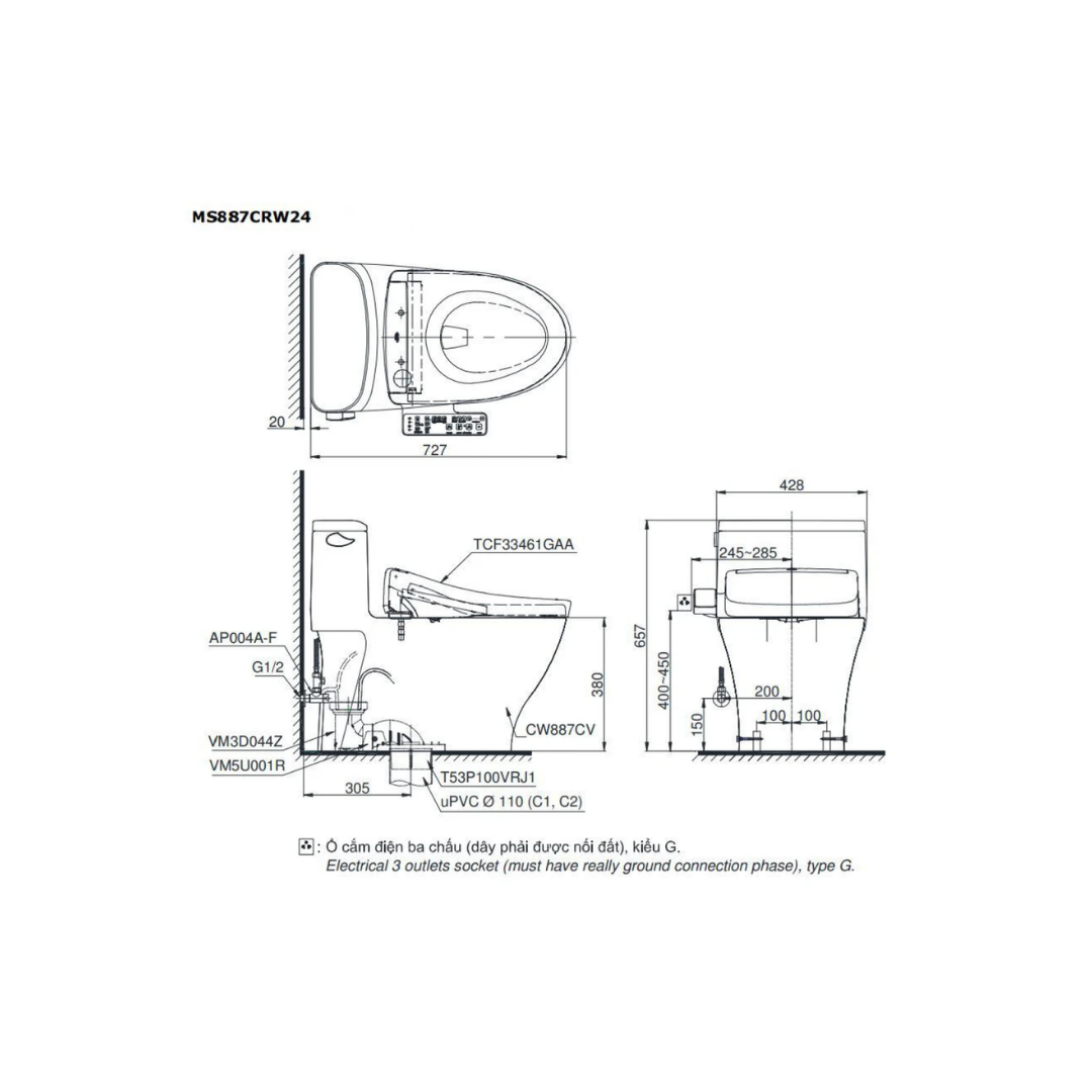 Bồn Cầu Điện Tử TOTO MS887RW24 Nắp Rửa Washlet TCF33461GAA S2