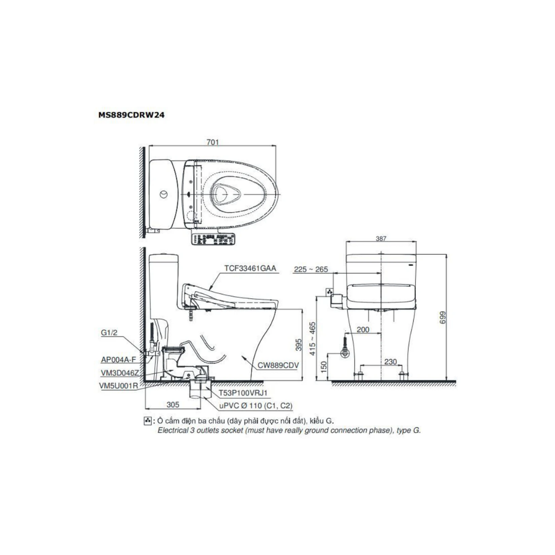 Bồn Cầu Điện Tử TOTO MS889CDRW24 Washlet Nắp TCF33461GAA Dòng S2