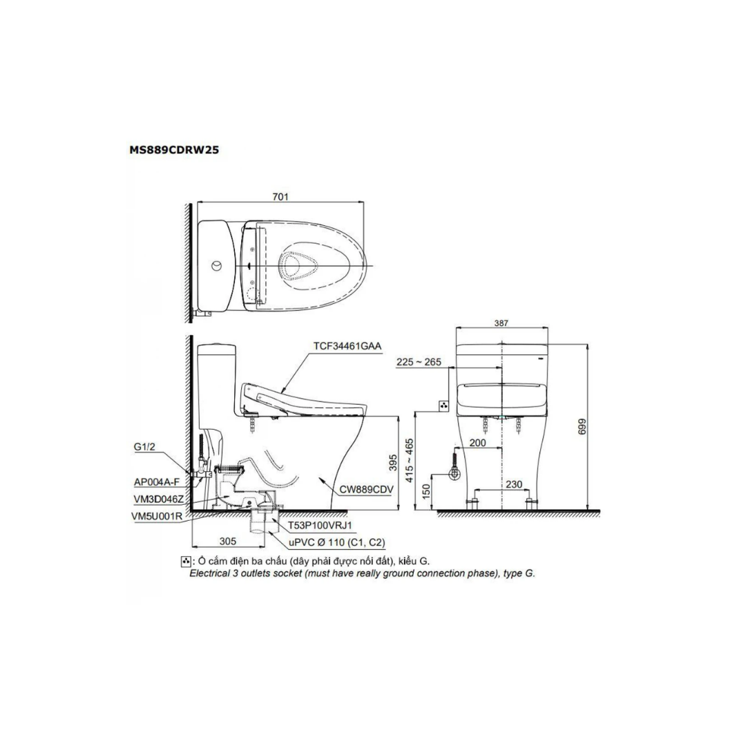 Bồn Cầu Điện Tử TOTO MS889CDRW25 Nắp TCF34461GAA Dòng S5