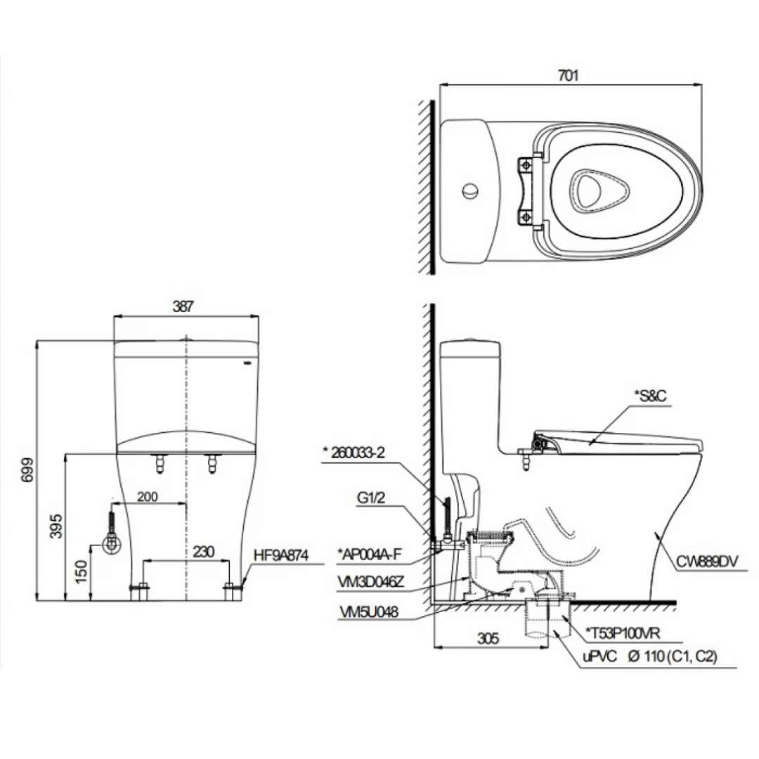 Bồn Cầu 1 Khối TOTO MS889DRE4 Nắp Cơ
