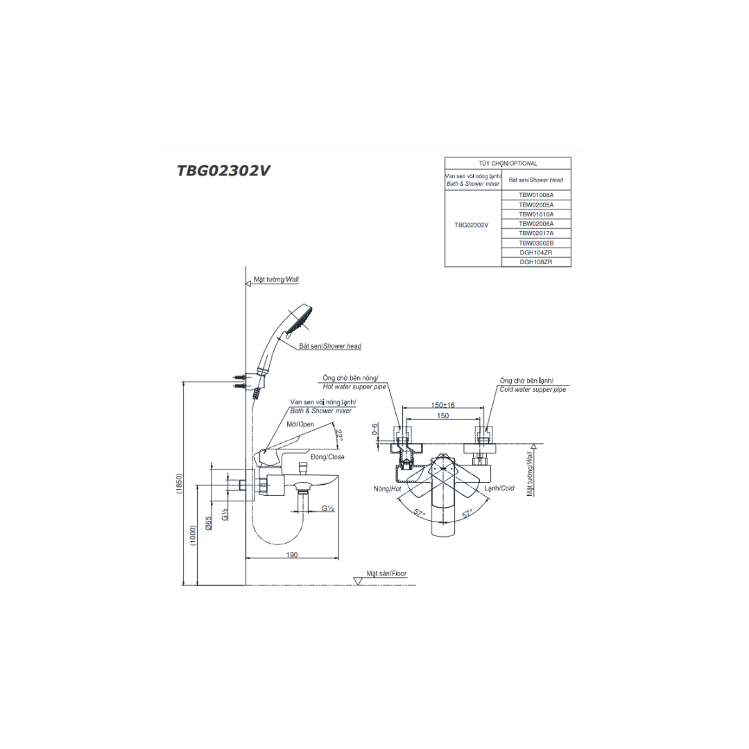 Vòi Sen Tắm Nóng Lạnh TOTO TBG02302VA TBW01035V