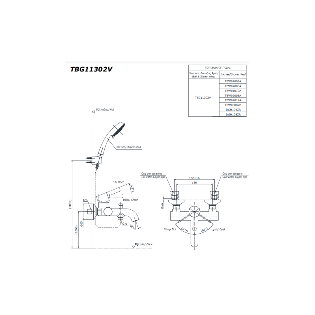 Vòi Sen Tắm Nóng Lạnh TOTO TBG11302VA TBW01010V