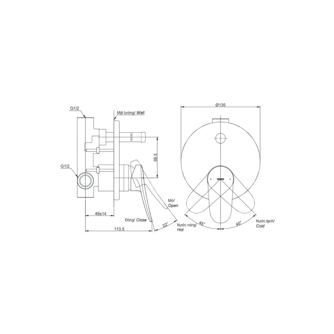 Van Điều Chỉnh Nóng Lạnh TOTO TBS04304B Kèm Nút Chuyển Hướng
