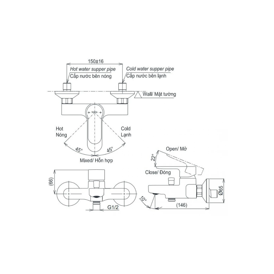 Củ Sen Tắm TOTO TBS06302V Nóng Lạnh Dòng LH