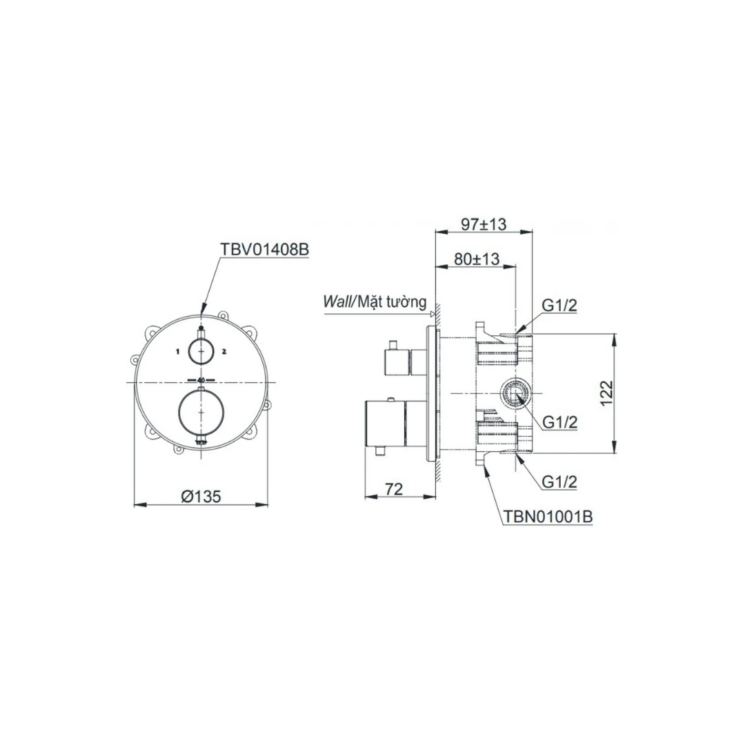 Van Nhiệt Độ Sen Âm Tường TOTO TBV01408B/TBN01001B 2 Thiết Bị