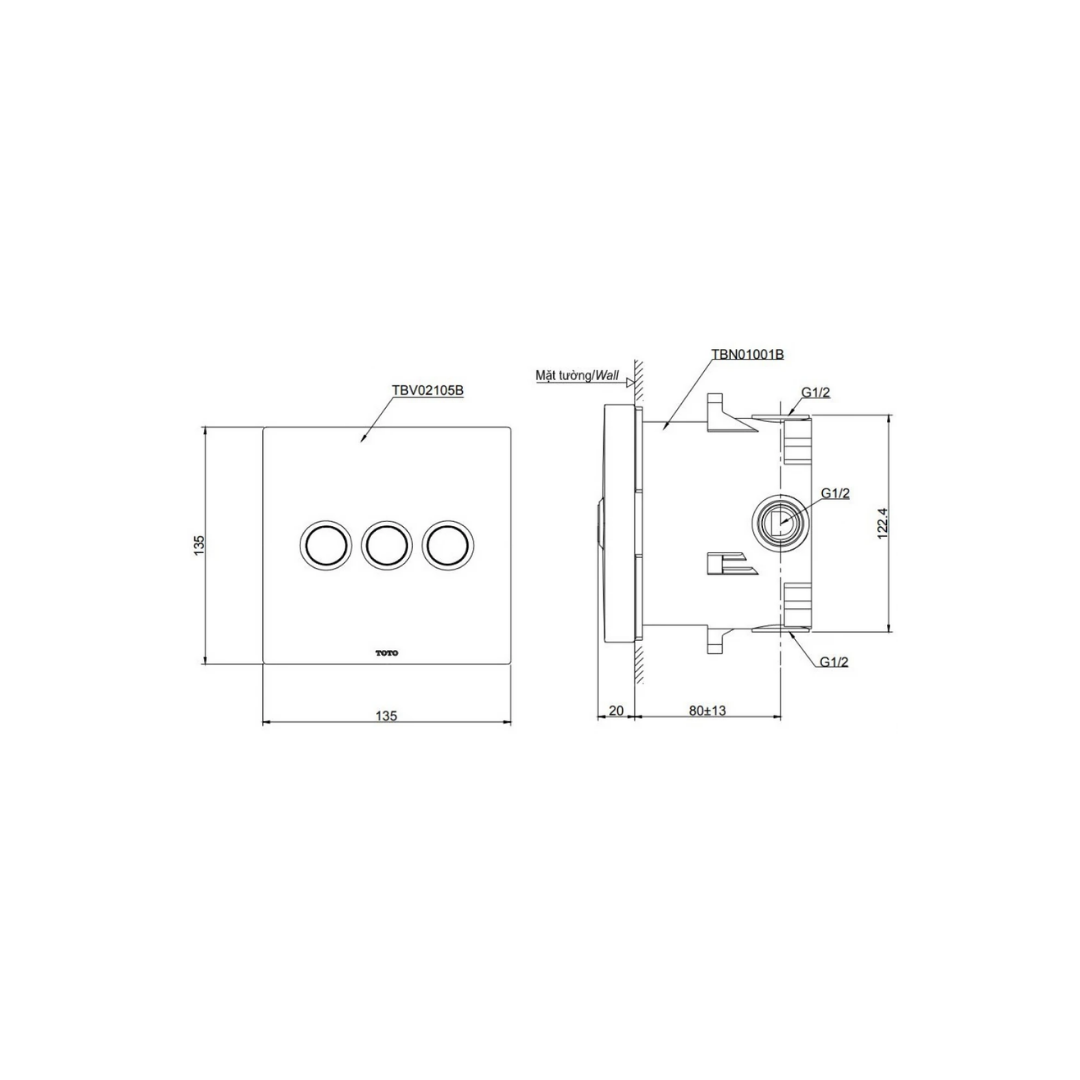 Van Điều Chuyển Hướng TOTO TBV02105B/TBN01001B Nút Nhấn