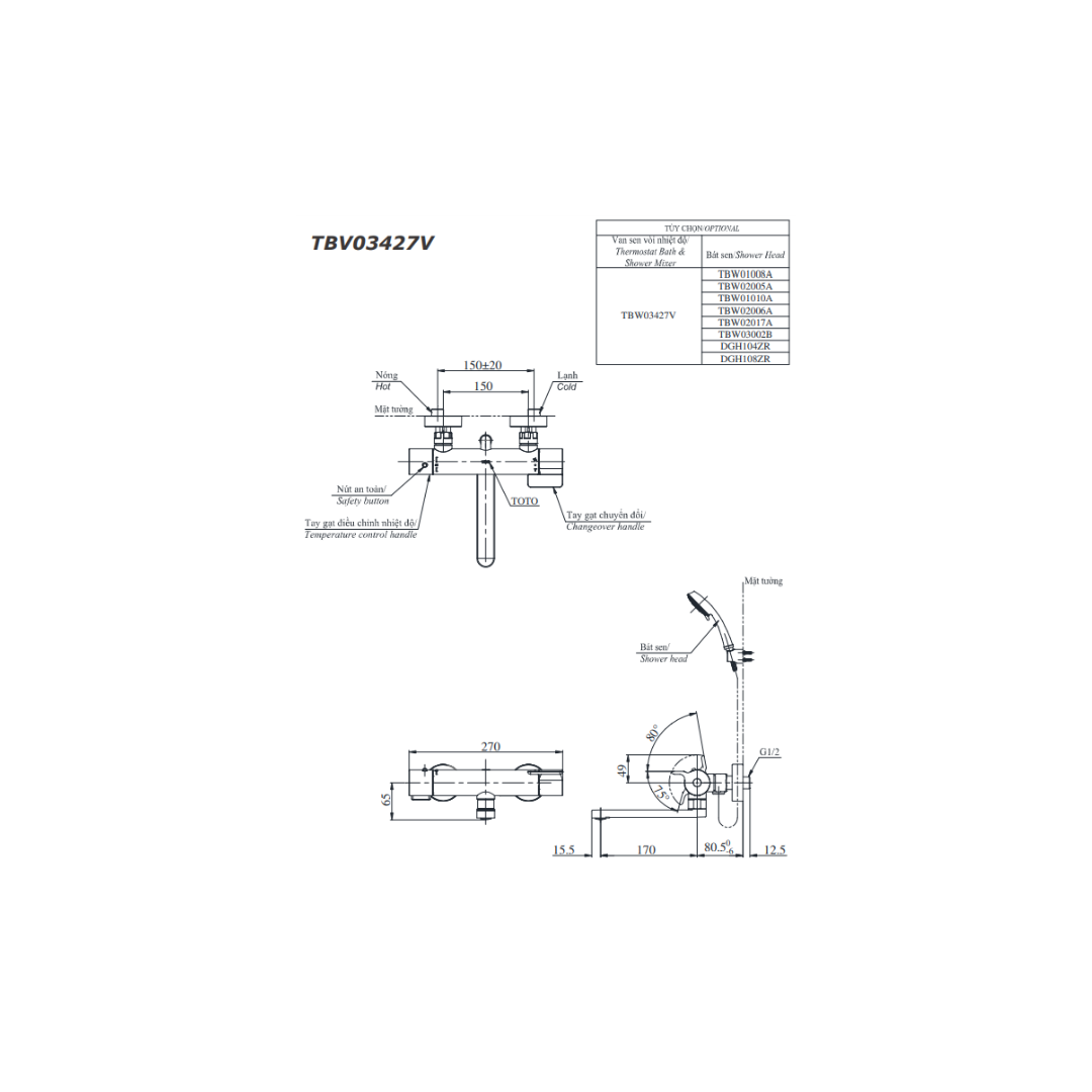Vòi Sen Tắm Nhiệt Độ TOTO TBV03427V TBW07012A